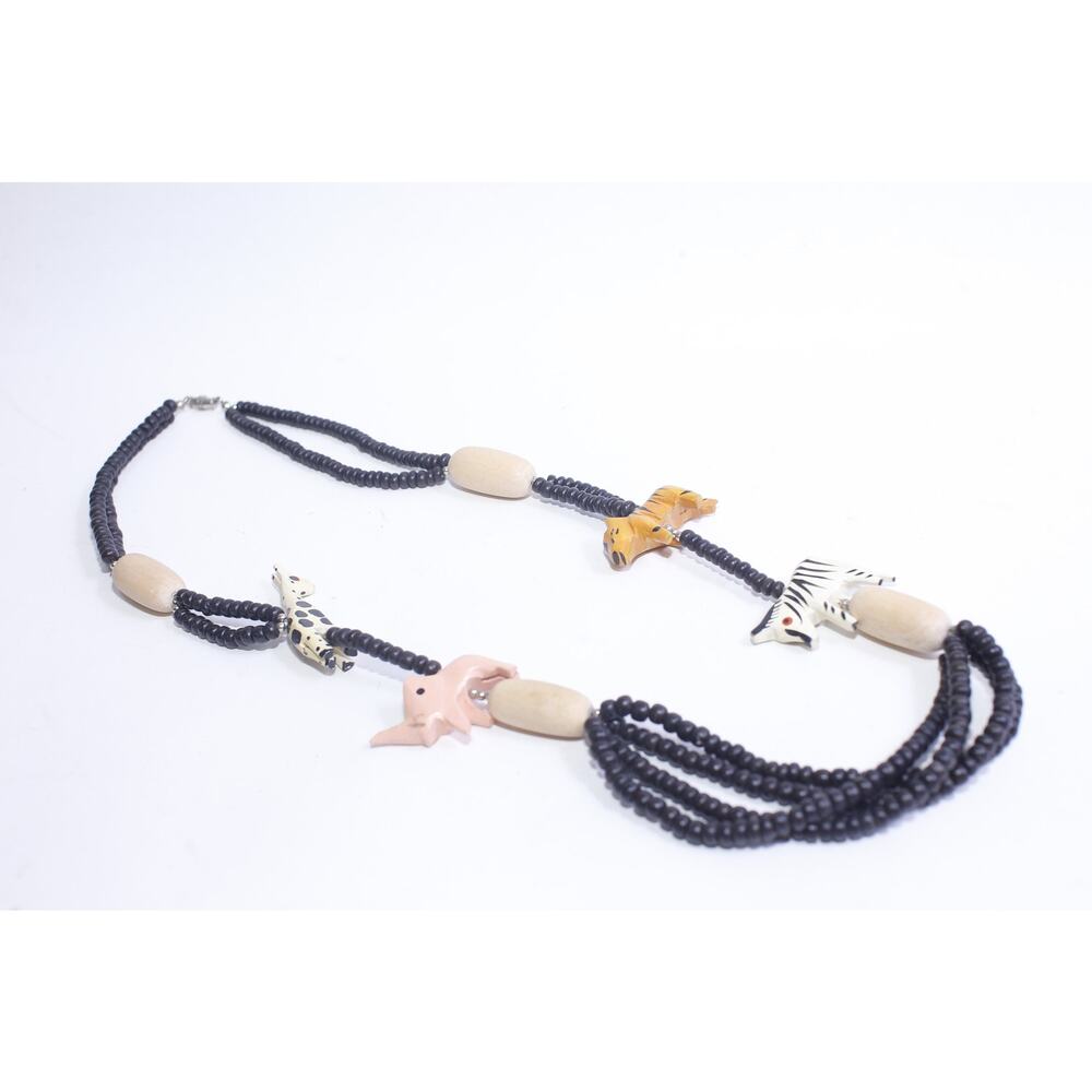 African Animals, Necklace, Carved Wood, Girafe, Rhinoceros, Tiger, Zebra, Beaded